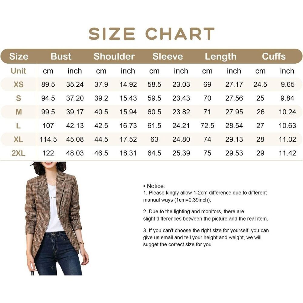 Ebossy Blazer Women Brown Notch Lapel 2Button Suit Houndstooth Plaid Jacket Coat - Picture 5 of 5